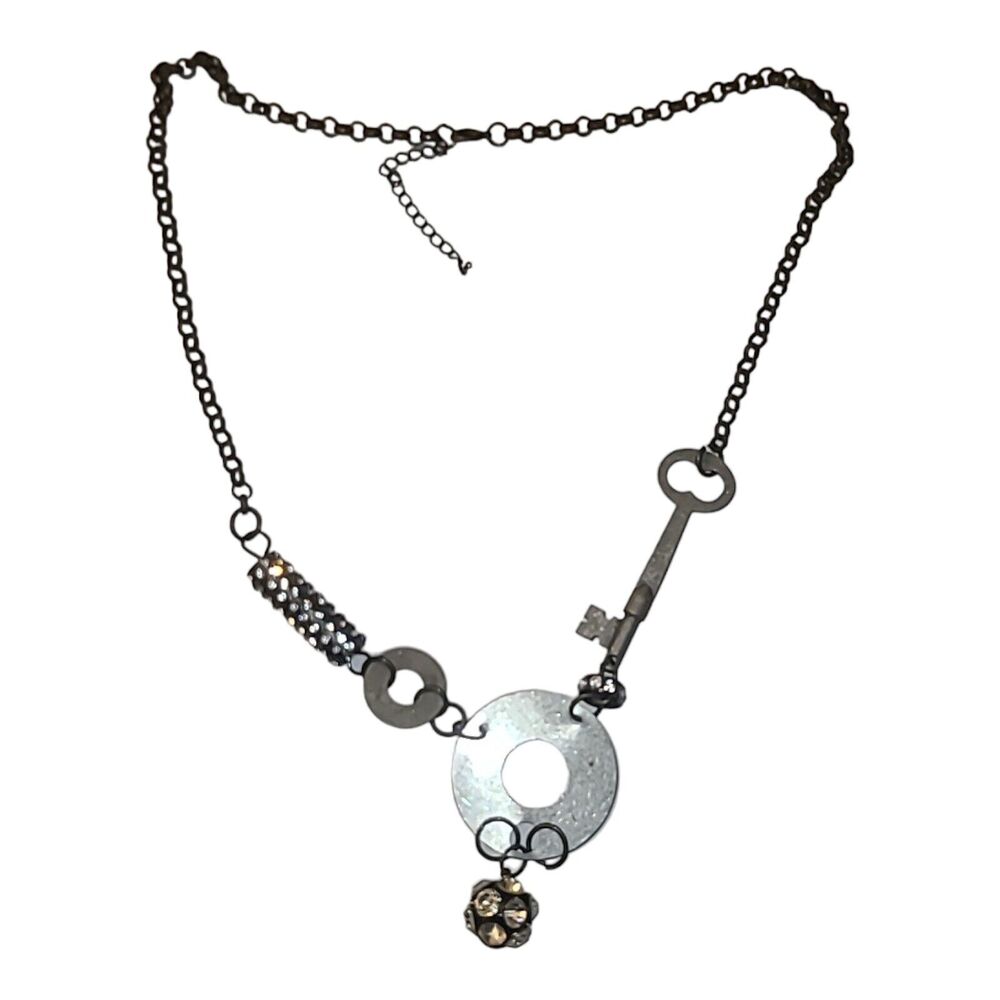 Silver Tone Rhinestone Modernist Steampunk Statement Necklace 24"-27"